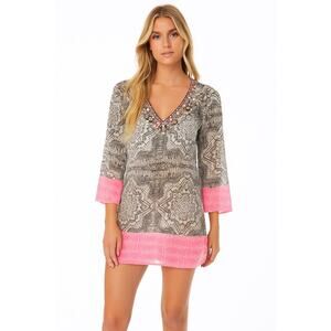NWT Yumi Kim Women's Beach Maze Ibiza Tunic Top Beaded 3/4 Sleeve Gray/Pink OS